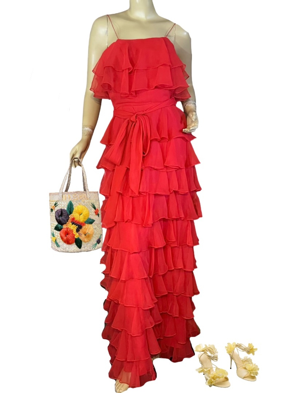 VINTAGE 1970'S RED CHIFFON TIERED RUFFLE MISS ELLIETTE CALIFORNIA MAXI DRESS (S)